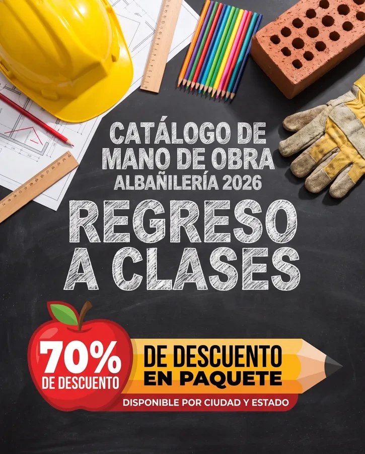 Regreso a Clases: Catálogo de Mano de Obra Albañilería 2026 con 70% de descuento en paquete, disponible por ciudad y estado